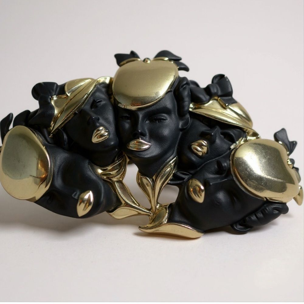Rare Vintage Gold & Black Five Faces Statement Brooch – Runway Art Deco Style